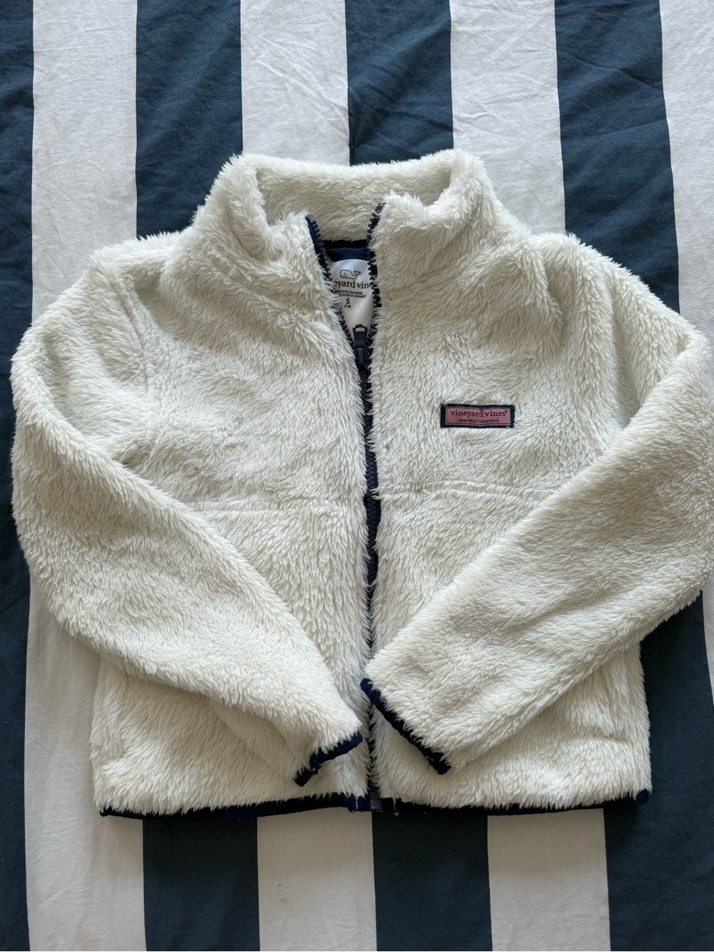Vineyard Vines Kids Cream Fleece Jacket with Navy Trim